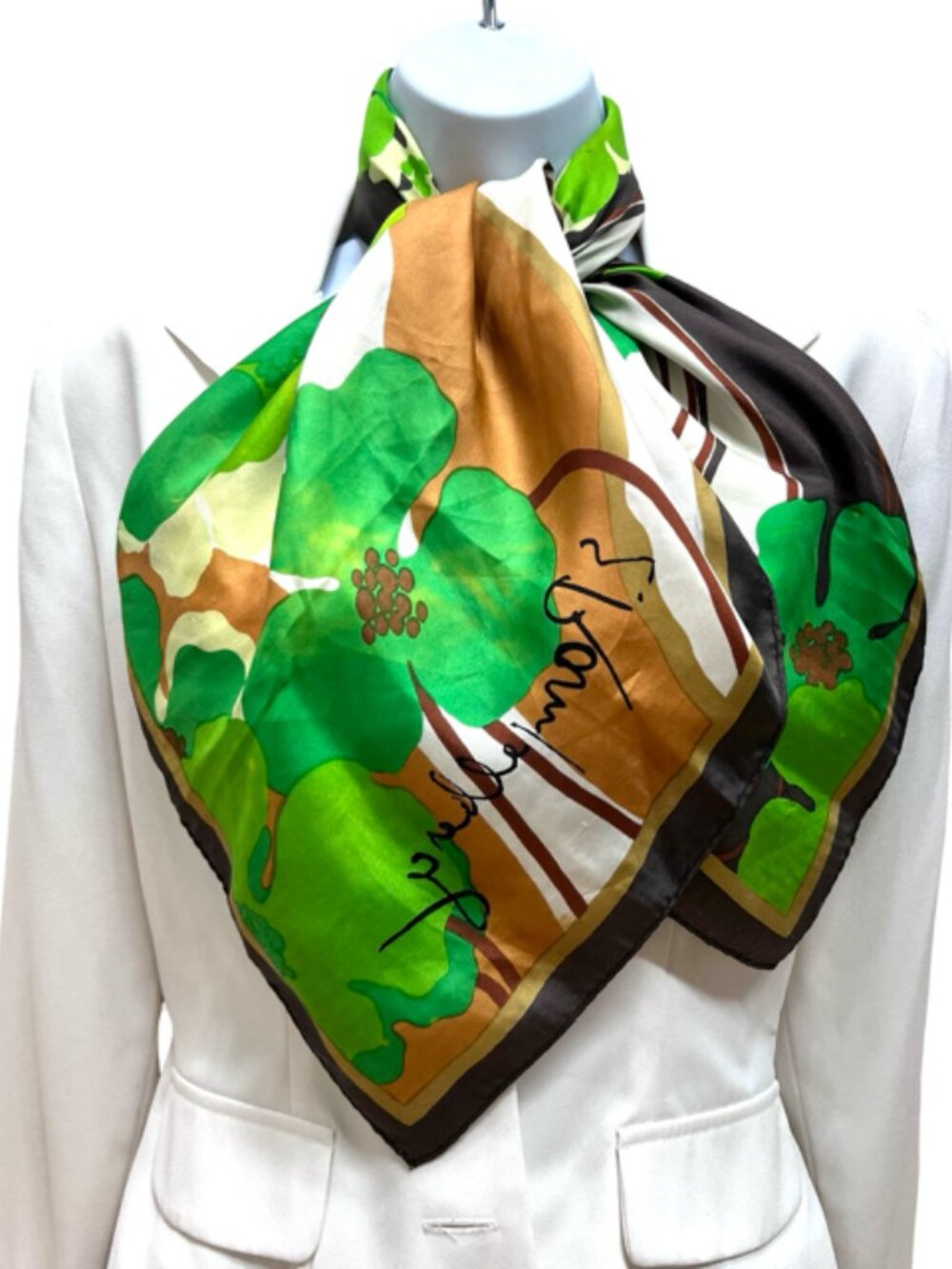 Vintage E. Ranpellery 100% Silk Satin Scarf  30"  Green Brown Beige Floral  (23)